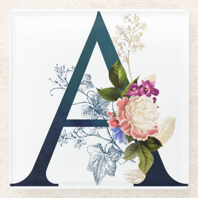 Extravagante florale Monogramm Letter A Glasuntersetzer (Vorderseite)