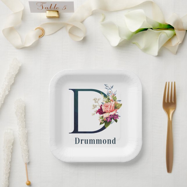 Extravagante florale Monogramm Letter D Custom Wed Pappteller (Hochzeit)