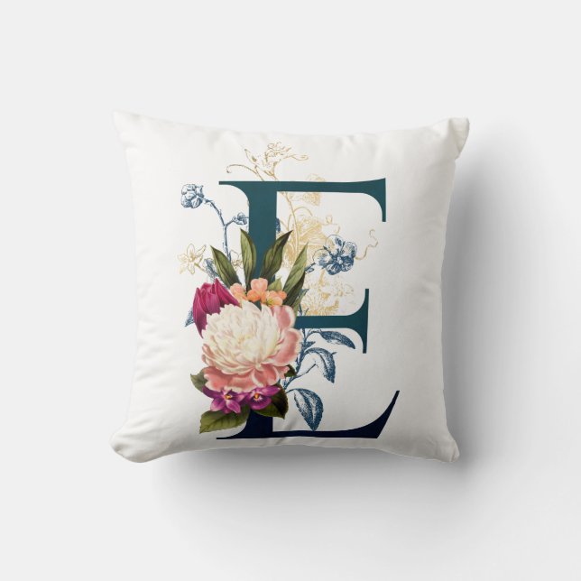 Extravagante florale Monogramm Letter E Kissen (Vorderseite)