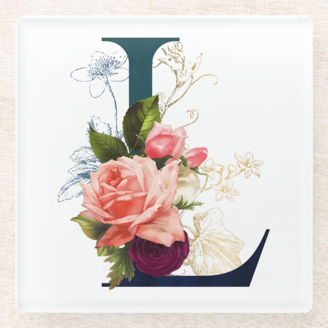 Extravagante florale Monogramm Letter L Glasuntersetzer (Vorderseite)