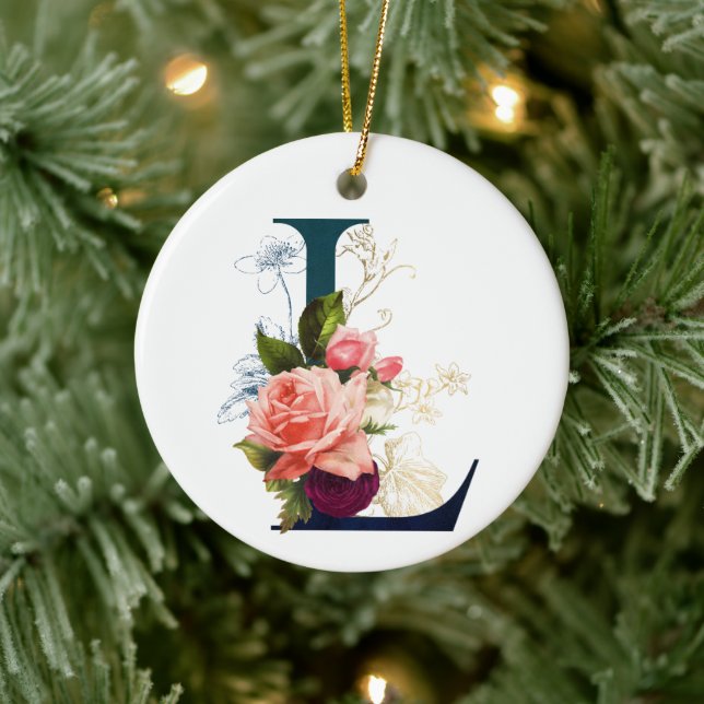 Extravagante florale Monogramm Letter L Personalis Keramik Ornament (Baum)