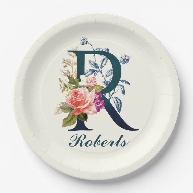 Extravagante florale Monogramm Letter R Pappteller (Vorderseite)