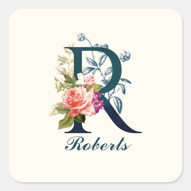 Extravagante florale Monogramm Letter R Quadratischer Aufkleber (Vorderseite)