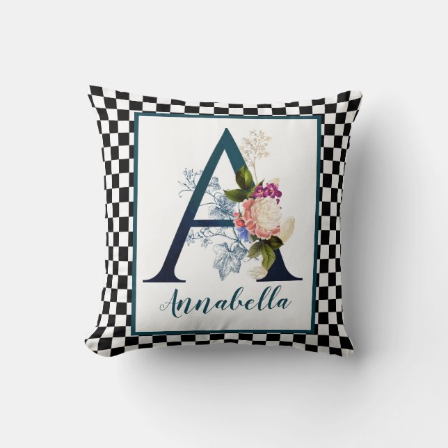 Extravagante florale Monogrammkarte A des Prüfbret Kissen (Vorderseite)