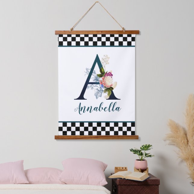 Extravagante florale Monogrammkarte A des Prüfbret Wandteppich Mit Holzrahmen (Schlafzimmer)
