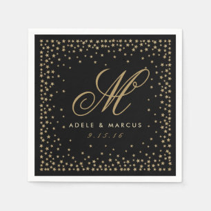 Extravagante Gold Stars Monogram Black Wedding Nap Serviette
