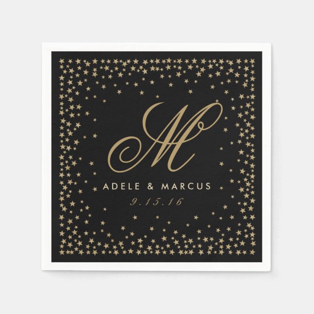 Extravagante Gold Stars Monogram Black Wedding Nap Serviette (Vorderseite)