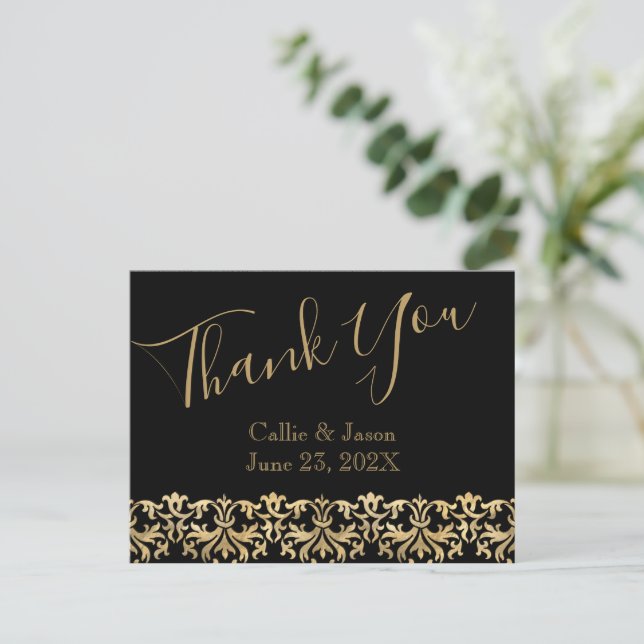 Extravagante Goldbriefe auf Black Danke Card Postkarte (Stehend Vorderseite)