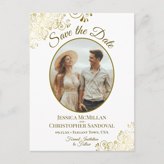 Extravagante Goldkurven Hochzeit Sichern Sie das D Ankündigungspostkarte (Vorderseite)