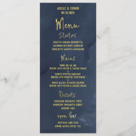 Extravagante Hochzeit von Navy Blue & Gold Menükarte