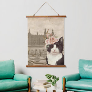 Extravagante Katze & Burg Wandteppich Mit Holzrahmen