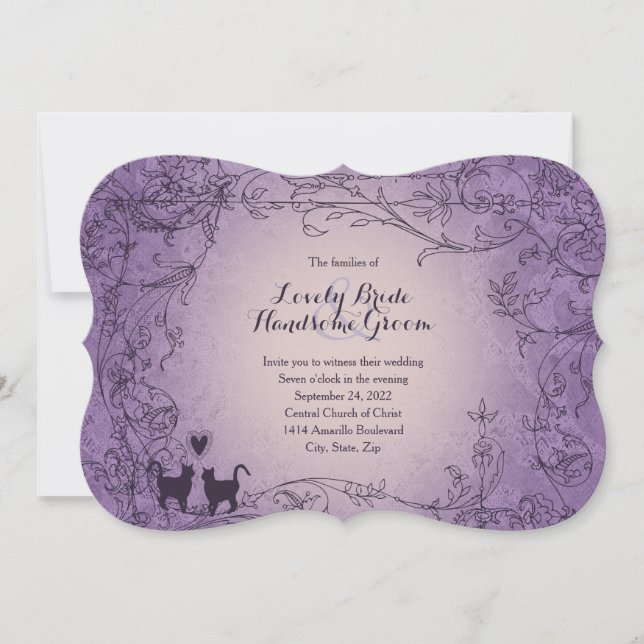 Extravagante Katze Liebhaber Lila Hochzeit Einladung (Vorderseite)