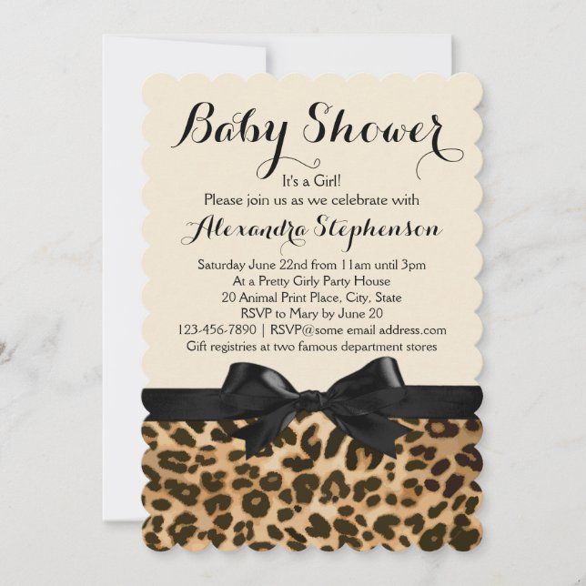 Extravagante Leopard Black Bow Girl Babydusche Einladung (Vorderseite)