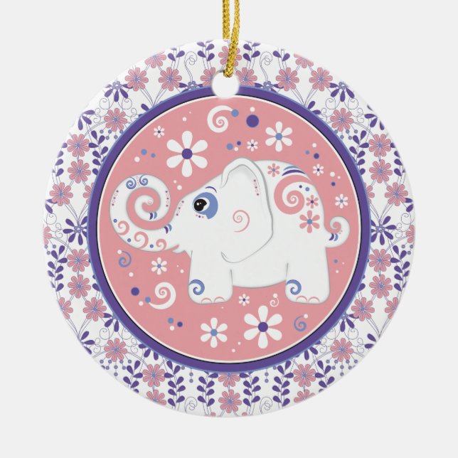 Extravagante Lila Rosa Weißer Elefant Blumendekora Keramikornament (Vorne)