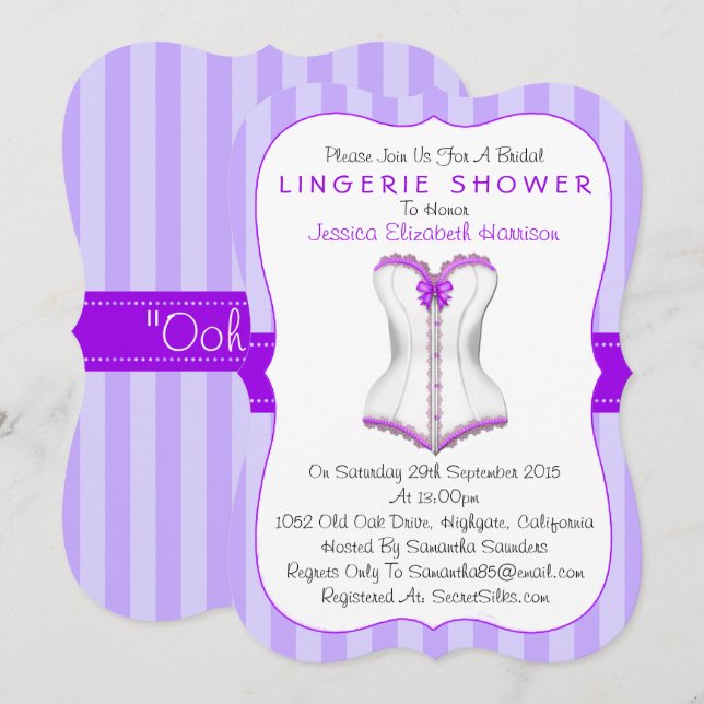 Extravagante Lila und weiße Corset Lingerie Dusche Einladung (Vorne/Hinten)