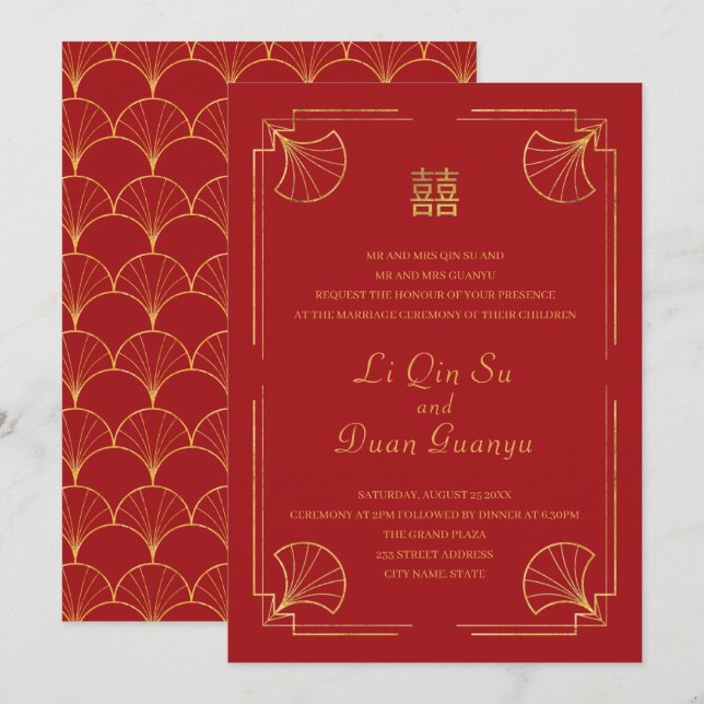 Extravagante Red & Gold Double Happy Chinese Weddi Einladung (Vorne/Hinten)