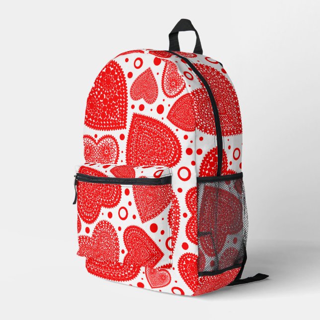 Extravagante rote Herzen über das gesamte Muster Bedruckter Rucksack (Rückseitige Ecke Rechts)