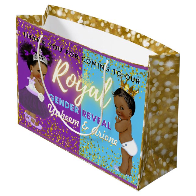 Extravagante Royal African Gender Reveal Lila & bl Große Geschenktüte (Rückseite Schrägansicht)