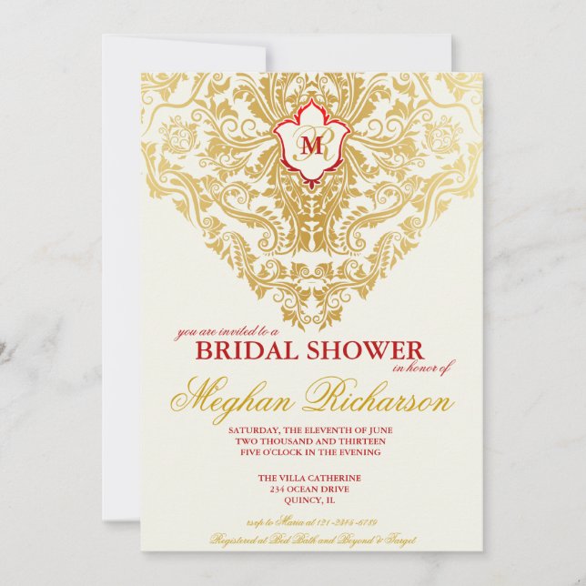 Extravagante Schnörkel Golden Bridal Dusche Einlad Einladung (Vorderseite)