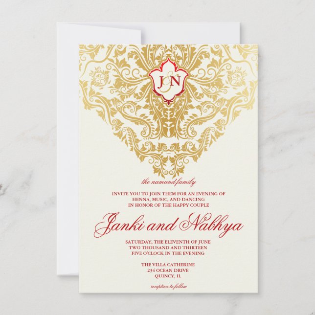 Extravagante Schnörkel Golden Indian Arabic Einladung (Vorderseite)