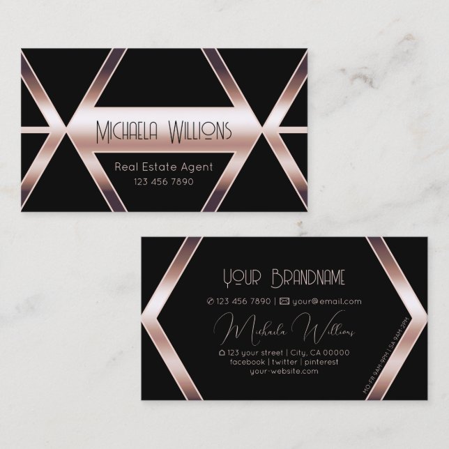 Extravagante Schwarz Geometrie Schimmery Rose Gold Visitenkarte (Vorne/Hinten)