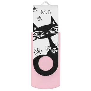 Extravagante Schwarze Katze auf weißem Monogramm USB Stick