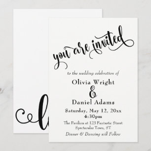 Extravagante Script Letters Black & White Wedding Einladung