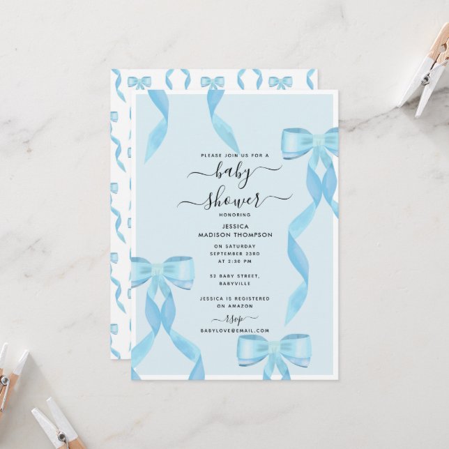 Extravagante Wasserfarbe Blue Bow Formal Baby Show Einladung (Vorderseite/Rückseite Beispiel)