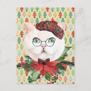 Extravagante Weiße Katze & Poinsettia Urlaub Postkarte