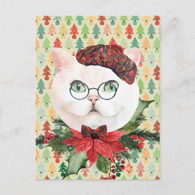 Extravagante Weiße Katze & Poinsettia Urlaub Postkarte (Vorderseite)