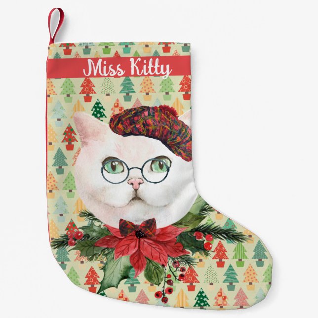 Extravagante weiße Katze und Poinsettia Custom Kleiner Weihnachtsstrumpf (Vorderseite)