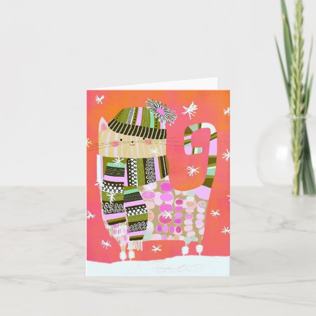 Extravagante Winterkatze BLANK Grußkarte Dankeskarte (Vorderseite)