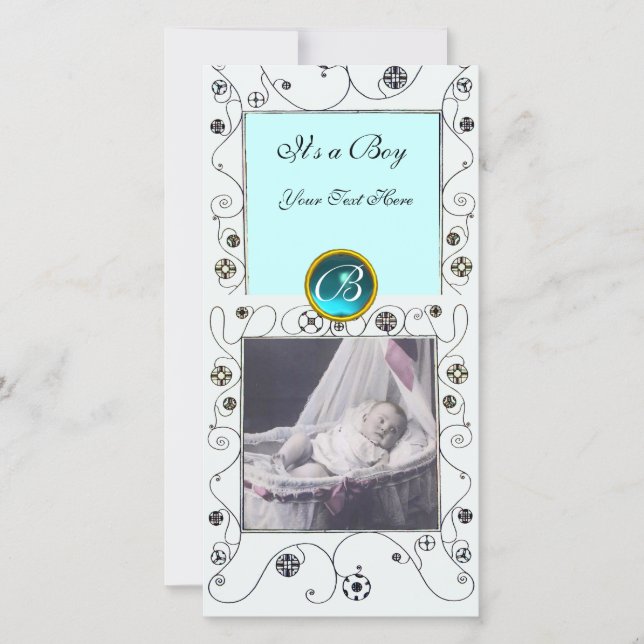 EXTRAVAGANTE WIRBEL BABY BOY MONOGRAM, Aquamarine  Ankündigung (Vorderseite)