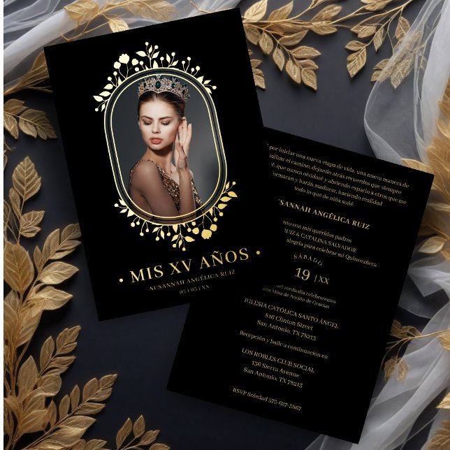 Extravaganter botanischer Oval-Rahmen Spanisch Qui Folieneinladung (Fancy Botanical Oval Frame Spanish Quinceañera Golden Effect Real Metallic Foil Invitation Card.)