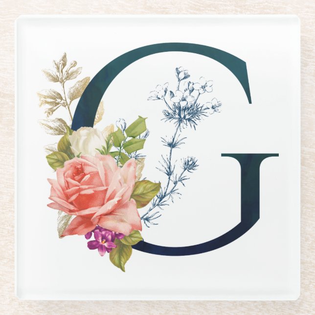 Extravaganter floraler Monogramm Buchstabe G Glasuntersetzer (Vorderseite)