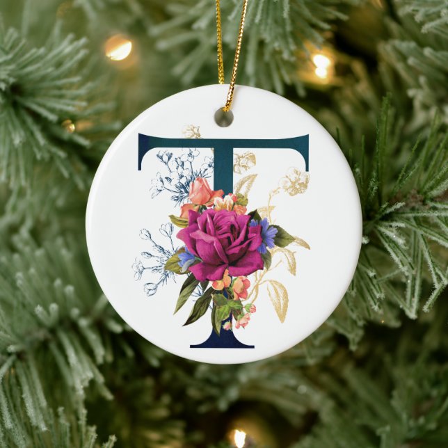 Extravaganter floraler Monogramm Buchstabe T Perso Keramik Ornament (Baum)