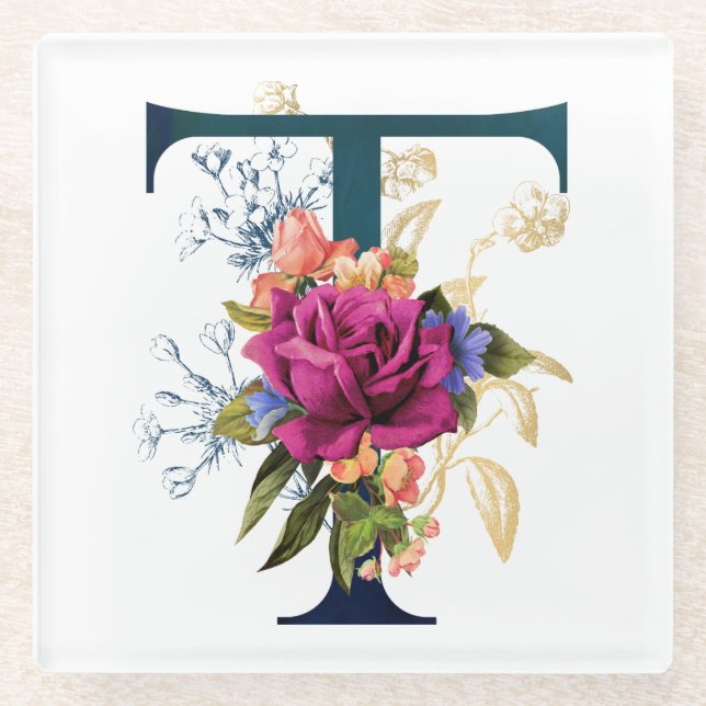 Extravaganter floraler Monogramm Glasuntersetzer (Vorderseite)