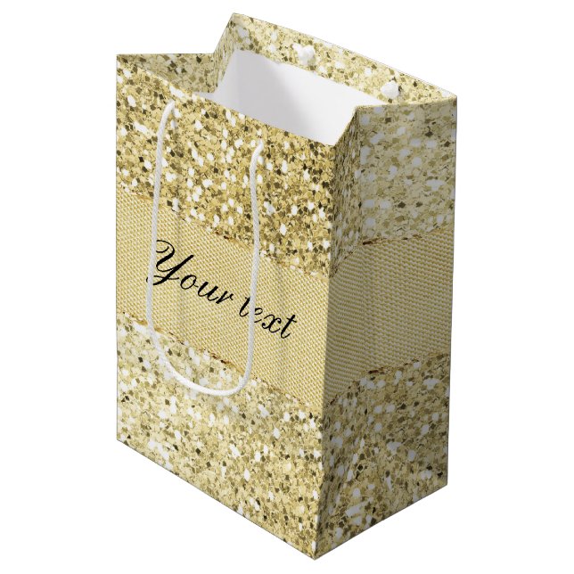 Extravaganter Imitat-GoldGlitzer personalisiert Mittlere Geschenktüte (Vorderseite Schrägansicht)