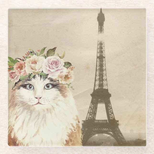 Extravaganter Katzen- und Eiffelturm Glasuntersetzer (Vorderseite)