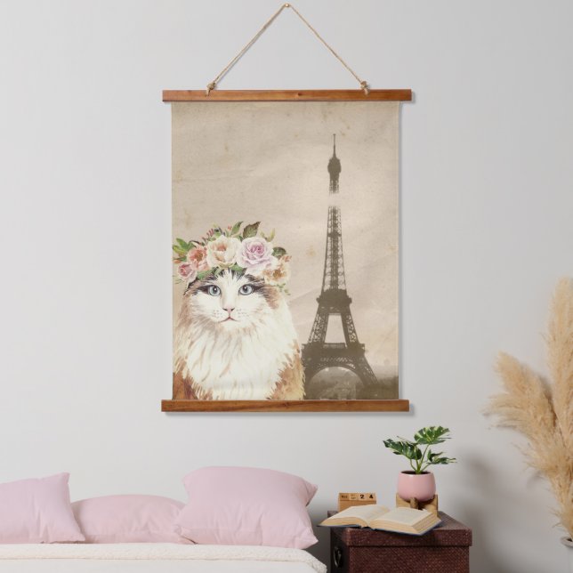 Extravaganter Katzen- und Eiffelturm Wandteppich Mit Holzrahmen (Schlafzimmer)