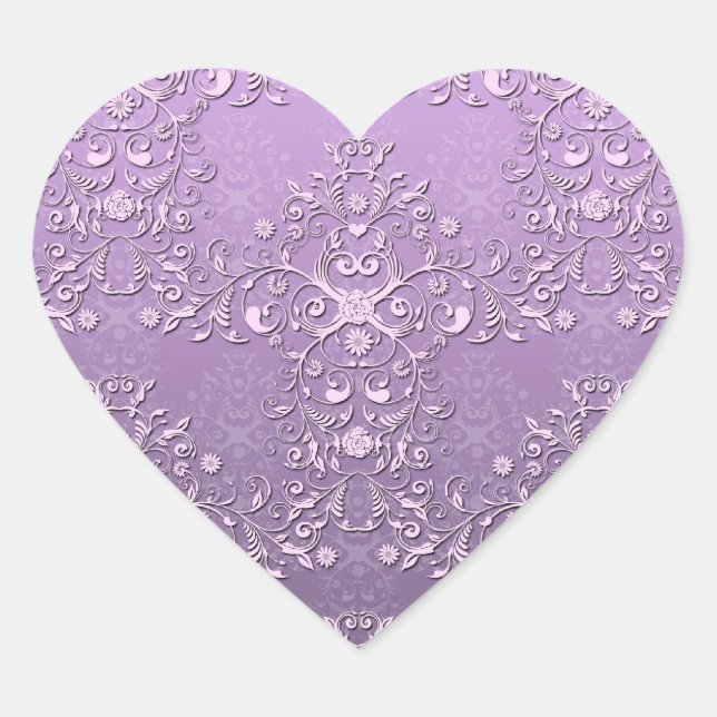 Extravaganter Lavendel und Lila Zwei-Tonen-Damast Herz-Aufkleber (Vorderseite)
