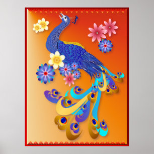 Extravaganter Pfau und Blumen-Plakat Poster