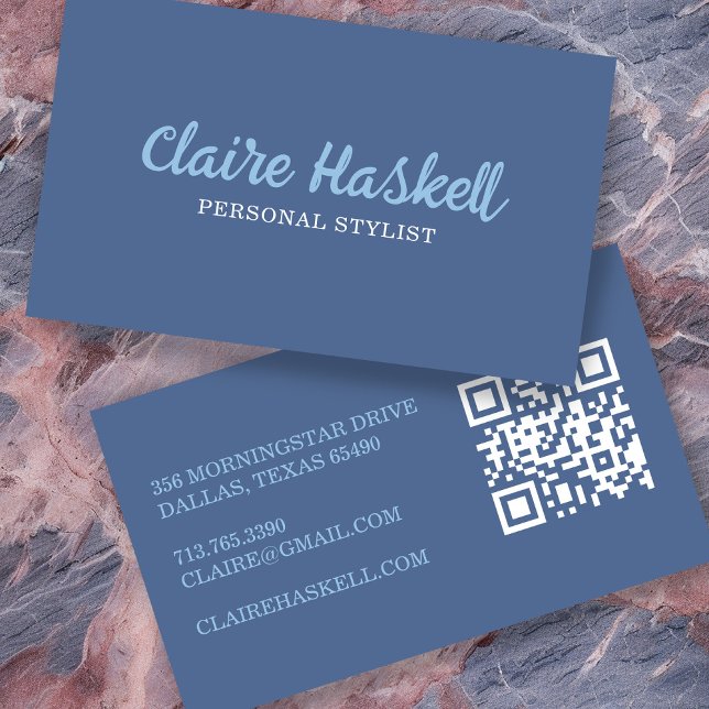 Extravaganter Script Soft Summer Minimalistisch Mo Visitenkarte (Fancy Script Soft Summer Minimalist Modern QR Code Business Card
Blue)