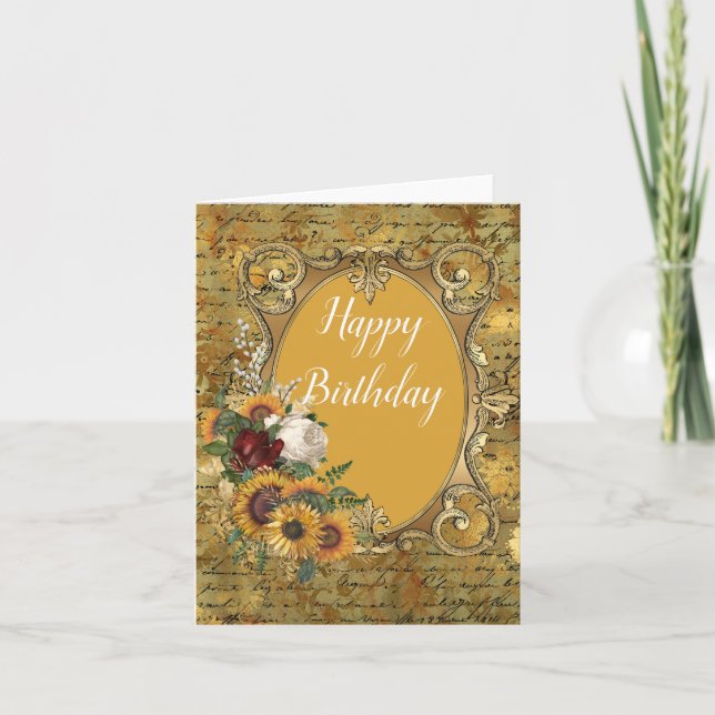 Extravaganter Vintager Sonnenblumen-Rahmen Geburts Dankeskarte (Vorderseite)