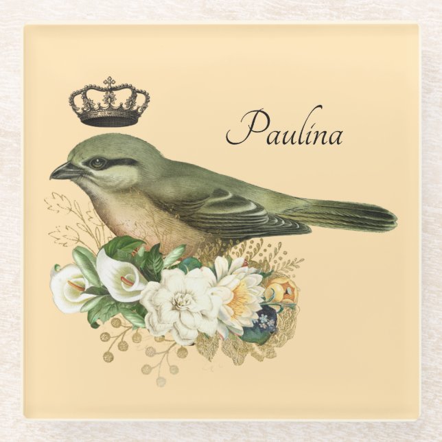 Extravaganter Vogel auf Peach Personalisiert Glasuntersetzer (Vorderseite)