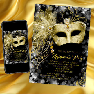 Extravagantes Black Gold Glitzer Masquerade Party Einladung