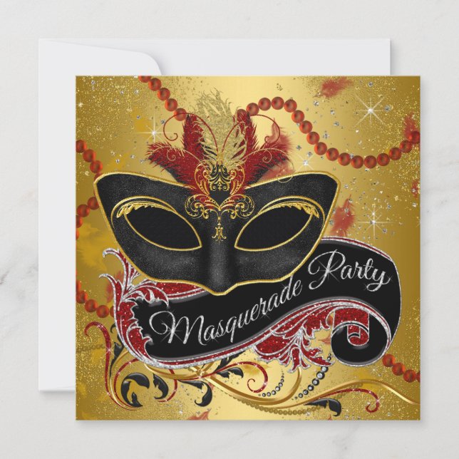 Extravagantes Black Gold Masquerade Party Einladung (Vorderseite)