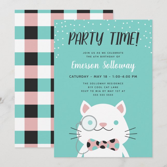 Extravagantes Cat Turquoise Kindergeburtstag Party Einladung (Vorne/Hinten)