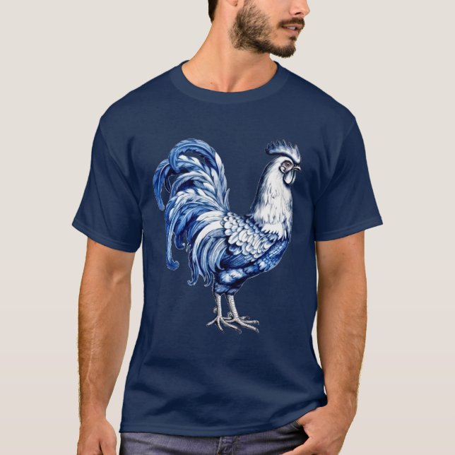 Extravagantes Delft-Blau-Weiß-Roster-Huhn T-Shirt (Vorderseite)