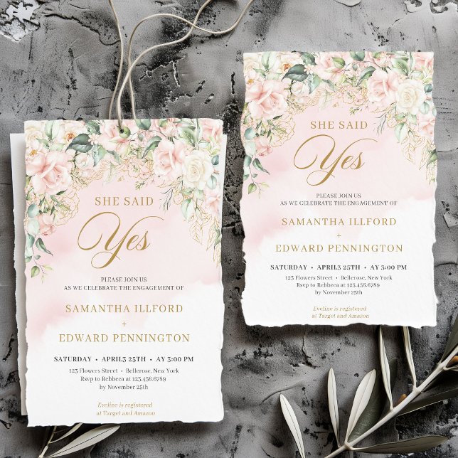 Extravagantes Drehbuch Rosen sagte sie ja Verlobun Einladung (Bohemian pale pink roses sage greenery and gold she said yes engagement invitation download)